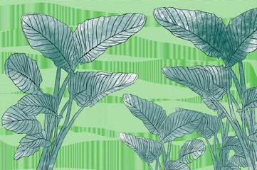 Ilustracja motyw roślinny delikatne pastelowe liście na zielonym  tle	
