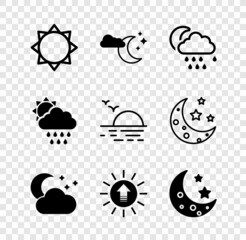 Set Sun, Cloud with moon and stars, rain, Sunset, Moon, sun and icon. Vector