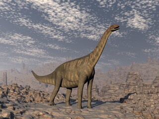 Jobaria dinosaur in the desert - 3D render © Elenarts
