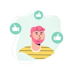 Cheerful laughing young man. Male character surrounded by hands with thumbs up. Portrait happy young man. Social approval concept. Respect and recognition of society. Flat vector isolated illustration