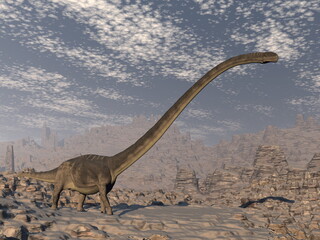 Omeisaurus dinosaur in the desert - 3D render © Elenarts