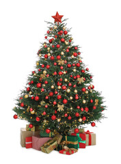 Christmas tree with beautiful decorations and gifts on white background