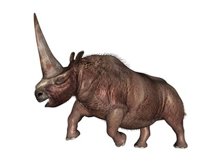 Elasmotherium rhinoceros with big horn roaring up - 3D render
