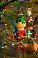 Christmas tree branch decorated with ball decor, holiday concept