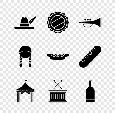 Set Oktoberfest hat, Bottle cap, Musical instrument trumpet, Camping tent, drum and sticks, Beer bottle, Braid and Hotdog sandwich icon. Vector