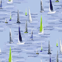 Seamless pattern, sailboats, ships at sea.
