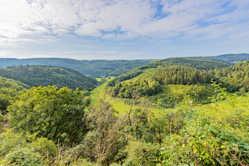 Obraz premium Aerial view of the valley with mountains and hills covered with lush green trees with the horizon in the background, sunny summer day with a spectacular blue sky with abundant white clouds, Luxembourg