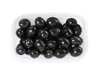 Fresh black olives in plastic container isolated on white, top view