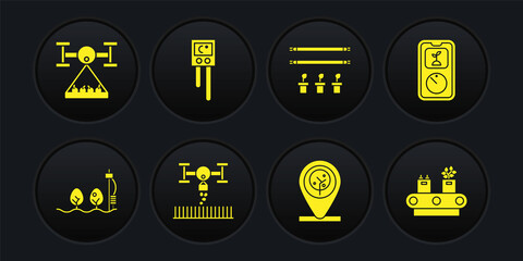 Set Standalone sensor and plant, Smart farming technology, with drone, Location tree, bulb, Temperature humidity, Conveyor belt box and icon. Vector