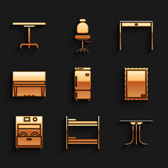 Set Refrigerator, Bunk bed, Round table, Picture, Kitchen dishwasher machine, Grand piano, Wooden and icon. Vector