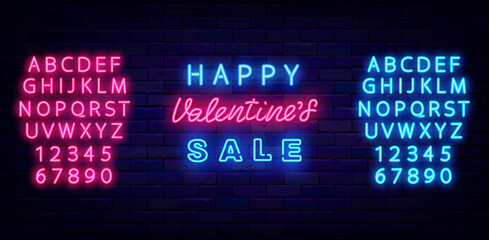 Happy Valentines Sale neon sign with alphabet. Light advertising. Editable stroke. Vector stock illustration