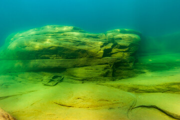 Unique underwater seascape with very large boulders in the Lake Superior