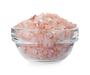 Pink Himalayan salt in glass bowl isolated on white