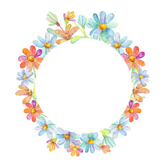 frame with flowers and leaves, watercolor circular frame for decoration of postcards, text, books, fabric. blue light orange daisies.