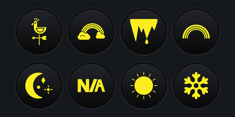 Set Moon and stars, Rainbow, Not applicable, Sun, Icicle, with clouds, Snowflake and Rooster weather vane icon. Vector