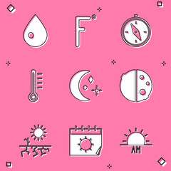 Set Water drop, Fahrenheit, Compass, Meteorology thermometer, Moon and stars, Eclipse of sun, Drought and Calendar icon. Vector