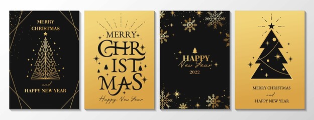 Merry Christmas typography greeting card set. Luxury New Year backgrounds for social media,banner, invitation with linear snowflakes, lettering, Christmas tree. Trendy Xmas design vector illustration.