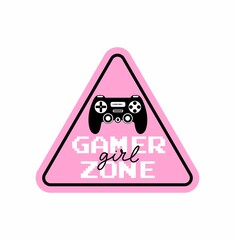 Gamer zone sign vector illustration with game controller icon and pixel text. Gamer girl zone pink design for banner, logo, sticker, print isolated on white background. Flat style vector illustration © mitoria
