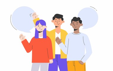 Group of people standing together and waving hello with speech bubbles. Trendy flat style vector illustration with diverse people characters. Friendship and communication concept.