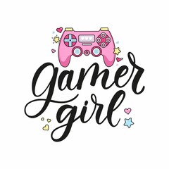 Gamer girl colorful design with lettering, kawaii gamepad, hearts stars. Cartoon Gamer quote for logo, card, sticker, poster, card, textile. Cute gamer girl vector illustration with pink controller