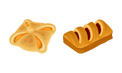 Puff pastry products for bakery menu set. Sweet buns with jam, delicious bakery assortment vector illustration