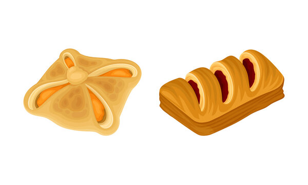 Puff pastry products for bakery menu set. Sweet buns with jam, delicious bakery assortment vector illustration