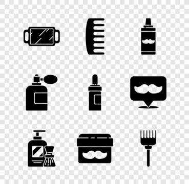 Set Hand mirror, Hairbrush, Shaving gel foam, Cream lotion cosmetic jar, Aftershave bottle with atomizer and Beard mustaches care oil icon. Vector