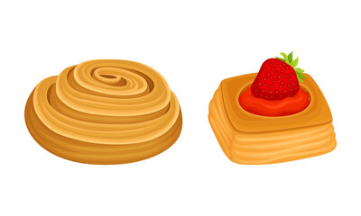 Pastry products for bakery menu assortment set. Sweet buns vector illustration