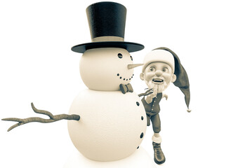 santa cartoon is playing with snow man with copy space