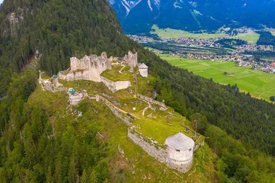 Drone photography. Ehrenberg Castle is the ruin of a hilltop castle on the northern edge of the Lechtal Alps near Reutte. Austria