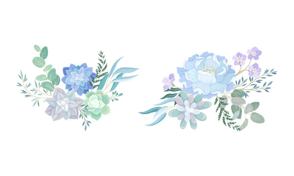 Set Of Elegant Bouquets Or Bunches Of Dusty Blue Flowers, Succulents And Twigs Of Trees Vector Illustration
