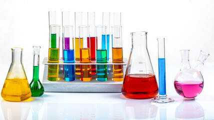 Glass laboratory materials such as erlenmeyer, tubes, and measuring cylinder containing colored liquids.Science chemistry concept. Laboratory test tubes and flasks with colored liquids.