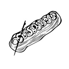  Eclair hand-drawn sketch isolated on white. Vector illustration. Cake icon graphic style. Vector element image for restaurant menu.
