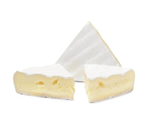 Tasty cut brie cheese on white background