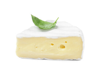 Piece of tasty brie cheese with basil isolated on white - obrazy, fototapety, plakaty