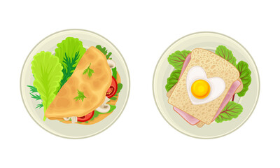 Traditional breakfast dishes set. Top view of tasty nutritious food served on plates vector illustration
