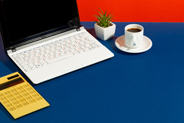 Fototapeta premium Items for business in the office on a bright, colored background. 