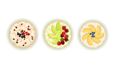 Traditional breakfast dishes set. Top view of porridge with fruit, vegetables and berries served on plates vector illustration