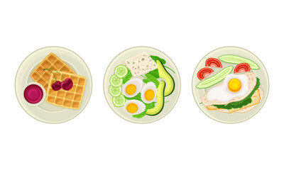 Traditional breakfast dishes set. Top view of waffles, eggs and vegetables of served on plates vector illustration