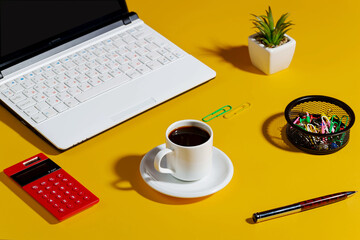 Items for accounting and business in the office on a bright colored background.