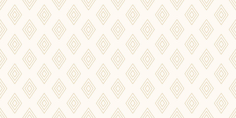 Golden vector geometric background with outline diamond shapes, small linear rhombuses. Abstract modern seamless pattern. Thin lines background. Subtle gold ornament. Luxury repeat wide design