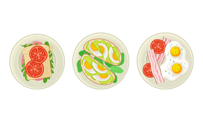 Traditional breakfast dishes set. Top view of eggs, sandwiches and ham served on plates vector illustration