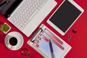 Items for business in the office on a bright, colored background. 