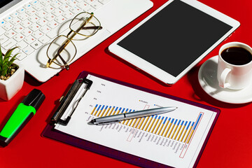 Items for business in the office on a bright, colored background. 