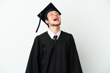 Young university Russian graduate isolated on white background laughing