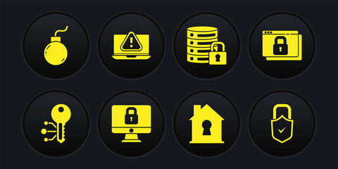 Set Cryptocurrency key, Secure your site with HTTPS, SSL, Lock on computer monitor, House under protection, Server security lock, Laptop exclamation mark, and check and Bomb ready explode icon. Vector