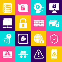 Set Mobile with exclamation mark, Shield check, Folder and lock, Ringing alarm bell, Lock, FTP folder, Server, Data, Web Hosting and Firewall, security wall icon. Vector