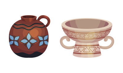 Clay kitchenware assortment set. Vintage ceramic vessels with ornaments vector illustration