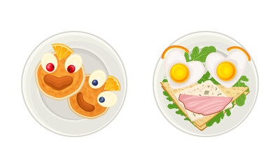 Tasty breakfast for kids served on plates set. Top view of funny pancakes and sandwich with eyes vector illustration