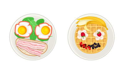 Sandwich and waffles breakfast for kids served on plates set, top view vector illustration